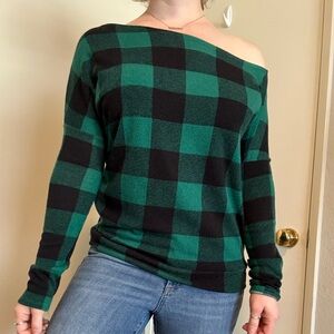 White Birch Green and Black Off-the-Shoulder Sweater
